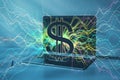 Close up of laptop computer with glowing dollar sign hologram on blurry background. Online banking, trade, finance and blockchain