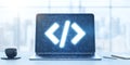 Close up of laptop computer with glowing programming code on blurry office desk with coffee cup and city view background. Program