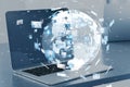 Close up of laptop with creative globe with telecommunication picture icons on blurry office workplace background. Business, video