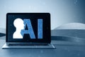 Close up of laptop with creative glowing AI head outline hologram on dark background with binary coding. Artificial intelligence