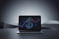 Close up of laptop with creative glowing dollar hologram and forex chart on screen, abstract gray workplace background. Money,