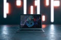 Close up of laptop with creative glowing dollar hologram and forex chart on screen, abstract illuminated gray workplace background