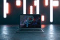 Close up of laptop with creative glowing ruble hologram and forex chart on screen, abstract illuminated gray workplace background