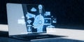 Close up of laptop with creative robot chat GPT hologram on dark blue background. Customer support and artificial intelligence