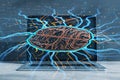 Close up of laptop on desktop with creative circuit brain hologram on blurry background. AI, artificial intelligence, machine