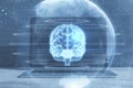 Close up of laptop on desktop with creative glowing polygonal brain sphere hologram on blurry background. Neurology research, Royalty Free Stock Photo