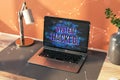 Close up of laptop at desktop with polygonal system hacked hologram on bright wall background. Hacking, malware and technology