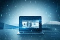 Close up of laptop with digital dollar bill on blurry tech background with binary coding. Business and finance concept. 3D