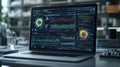 Close-up of a laptop displaying a complex scientific data analysis interface with glowing visualizations Royalty Free Stock Photo