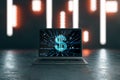 Close up of laptop with dollar sign on screen on abstract workplace with glowing blurry lights.