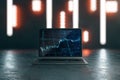 Close up of laptop with forex background on screen at abstract workplace with blurry lights. Workspace and technology concept. 3D