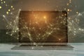 Close up of laptop with glowing polygonal mesh interface on blurry desktop background. Technology and network concept. Double Royalty Free Stock Photo