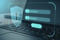 Close up of laptop with glowing username and password interface on blurry background. Information, security and encryption concept