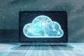 Close up of laptop with hologram. Glowing cloud hologram. Cloud computing technology internet on converging point of circuit and