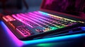 Close up of laptop keyboard colorful neon illumination, backlit keyboard Royalty Free Stock Photo