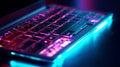 Close up of laptop keyboard colorful neon illumination, backlit keyboard