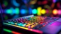 Close up of laptop keyboard colorful neon illumination, backlit keyboard Royalty Free Stock Photo
