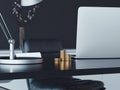 Close up of laptop and golden coins on the table, 3d rendering.