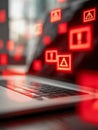 Close-up of a laptop with multiple system alert icons illuminated in red, indicating warning messages or critical notifications in Royalty Free Stock Photo