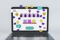 Close up of laptop with online shopping icons. Ecommerce and buy concept.