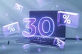 Close up of laptop with purple 30% sale hologram. Online shopping and money concept.