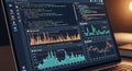 Close-up of a laptop screen displaying a coding interface and data visualization. Royalty Free Stock Photo