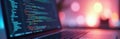 Close-up of laptop screen displaying function source code with CSS, JavaScript, HTML usage. Abstract background with bokeh. IT Royalty Free Stock Photo