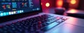 Close up laptop screen and keyboard from above, device, typing