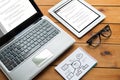 Close up of on laptop, tablet pc and notebook Royalty Free Stock Photo