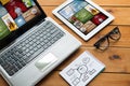 Close up of on laptop, tablet pc and notebook Royalty Free Stock Photo