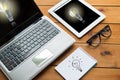 Close up of on laptop, tablet pc and notebook Royalty Free Stock Photo