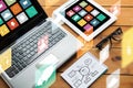 Close up of on laptop, tablet pc and notebook Royalty Free Stock Photo