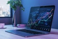 Close up of laptop at workplace with glowing forex chart on blurry background with city view, coffee cup, plant and other items.