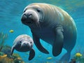 close-up of a large adult manatee and her calf Royalty Free Stock Photo