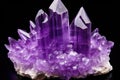 close up of a large amethyst crystal cluster on black background