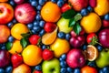 Close up of large assortment of fruit including apples oranges and lemons. Generative AI