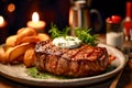 Close-up of large beef steak and baked potatoes, soft candlelight