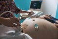 Close-up of the large belly of a pregnant woman lying on a hospital bed being given a pregnancy ultrasound scan