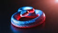 Close-up of large blue snake with red glow.