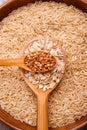 Collecting dry cereals. Buckwheat, rice, oatmeal in a large brown plate. Royalty Free Stock Photo