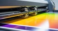 Close Up Of A Large Format Printer Head Printing A Colorful Gradient machine technology Royalty Free Stock Photo