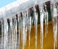 A close-up of large frozen icicles from a snow covered roof with a broken rain gutter in winter Royalty Free Stock Photo