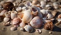 Close up of a large group of multi colored seashells on sand generated by AI