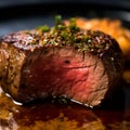 Close up of a large medium rare Filet Mignon steak with butter and herbs. Grilled meat dish, juicy fillet mignon steak. Cooked Royalty Free Stock Photo