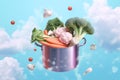 Close-up of a large metal saucepan with flying vegetables