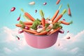 Close-up of a large pink metal saucepan with flying vegetables.Created using generative AI