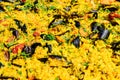 Close up of large portion of traditional Spanish paella dish freshly being cooked with seafood and rice in a frying pan at a stree Royalty Free Stock Photo