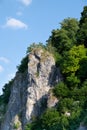 Close up of a large rock towering high against the blue sky. The background sky is blue. Trees and other green plants grow Royalty Free Stock Photo