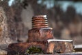 Close-up of a large rusted screw on train tracks Royalty Free Stock Photo