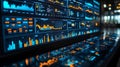 A close-up of a large screen displaying various data graphs and charts, with a blurred background of a futuristic cityscape Royalty Free Stock Photo
